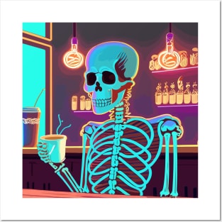 Neon skeleton drinking coffee Posters and Art